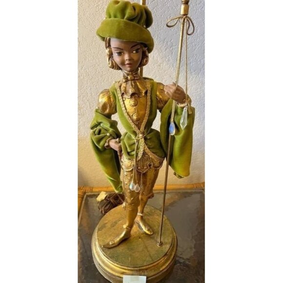 Vtg 40" MCM Italian Pixie Elf Statue Table Floor Lamp Torchiere Green Gold Leaf - Picture 8 of 16